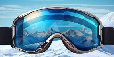 ski goggles with mountain reflection photo