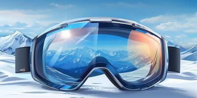 ski goggles with mountain reflection photo