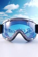 ski goggles with mountain reflection photo