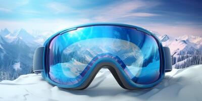 ski goggles with mountain reflection photo