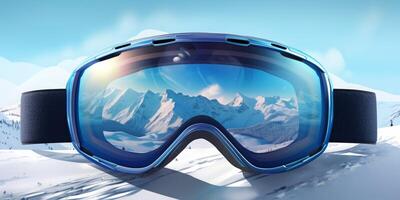 ski goggles with mountain reflection photo