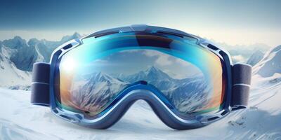 ski goggles with mountain reflection photo