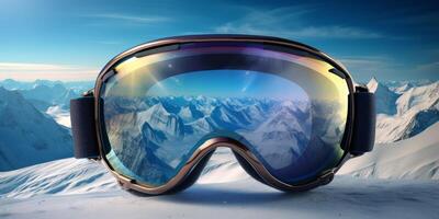 ski goggles with mountain reflection photo