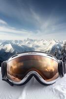 ski goggles with mountain reflection photo