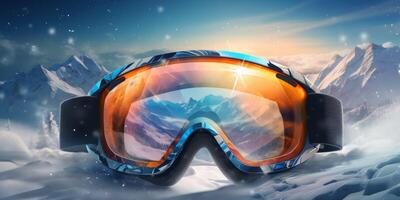 ski goggles with mountain reflection photo