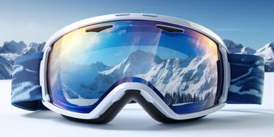 ski goggles with mountain reflection photo