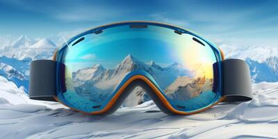 ski goggles with mountain reflection photo