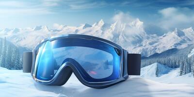 ski goggles with mountain reflection photo