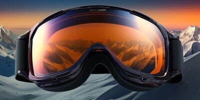 ski goggles with mountain reflection photo