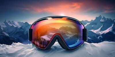 ski goggles with mountain reflection photo