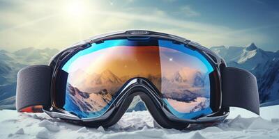 ski goggles with mountain reflection photo