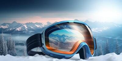 ski goggles with mountain reflection photo