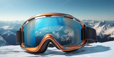 ski goggles with mountain reflection photo