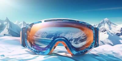 ski goggles with mountain reflection photo