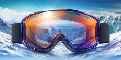 ski goggles with mountain reflection photo