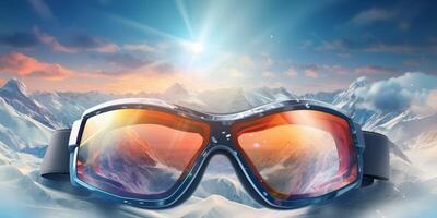 ski goggles with mountain reflection photo