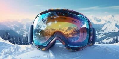 ski goggles with mountain reflection photo