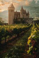 vineyards against the backdrop of a medieval castle photo