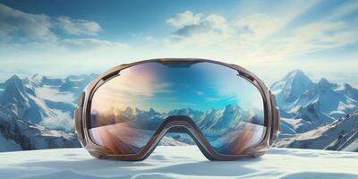 ski goggles with mountain reflection photo