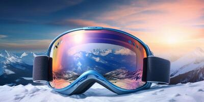 ski goggles with mountain reflection photo