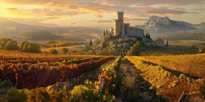 vineyards against the backdrop of a medieval castle photo