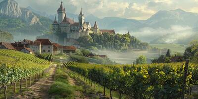 vineyards against the backdrop of a medieval castle photo