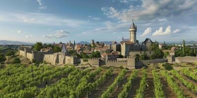 vineyards against the backdrop of a medieval castle photo