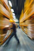 Blurred image of warehouse employees photo