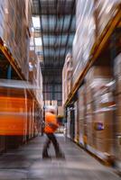 Blurred image of warehouse employees photo