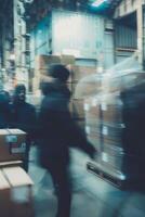 Blurred image of warehouse employees photo