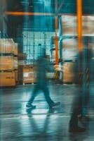 Blurred image of warehouse employees photo