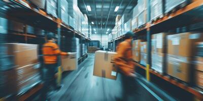 Blurred image of warehouse employees photo