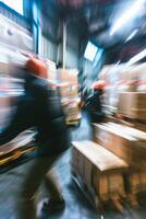 Blurred image of warehouse employees photo