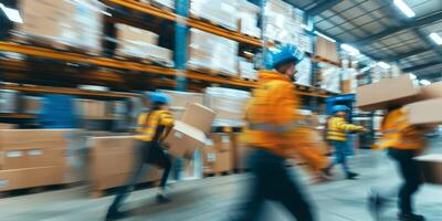 Blurred image of warehouse employees photo