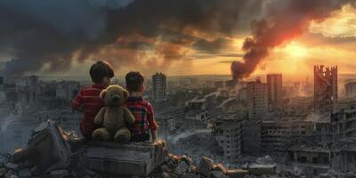 children against the backdrop of a destroyed city photo