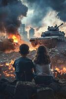 children against the backdrop of a destroyed city photo