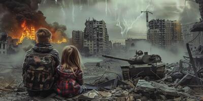 children against the backdrop of a destroyed city photo