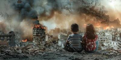 children against the backdrop of a destroyed city photo