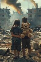 children against the backdrop of a destroyed city photo