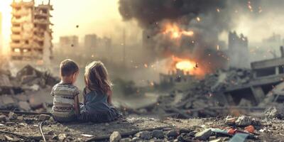 children against the backdrop of a destroyed city photo