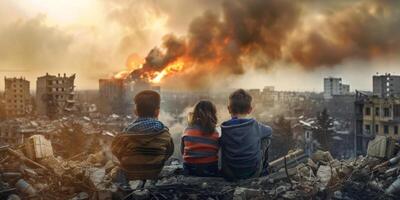 children against the backdrop of a destroyed city photo