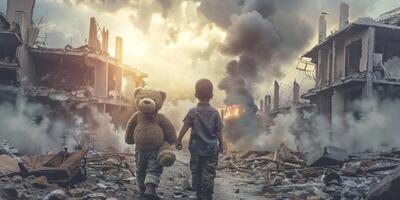 children against the backdrop of a destroyed city photo