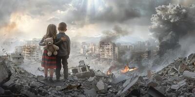 niños en contra el fondo de un destruido ciudad foto