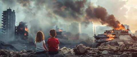 niños en contra el fondo de un destruido ciudad foto