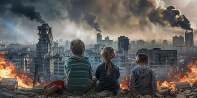 children against the backdrop of a destroyed city photo