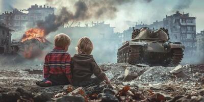 children against the backdrop of a destroyed city photo