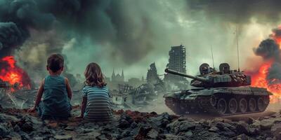 niños en contra el fondo de un destruido ciudad foto