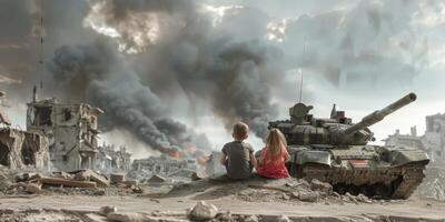 children against the backdrop of a destroyed city photo