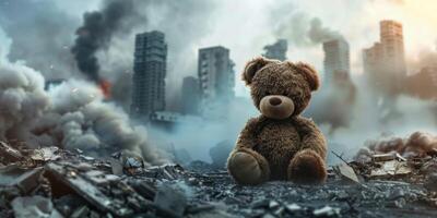 teddy bear against of a destroyed city photo