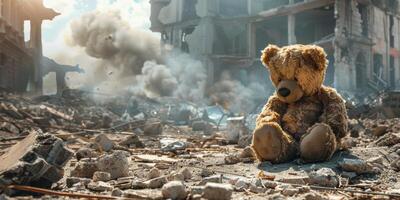 teddy bear against of a destroyed city photo
